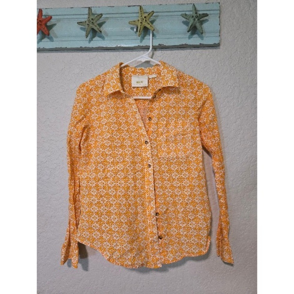 Maeve by Anthropologie Orange White Geometric Floral Button Down Shirt Size 2